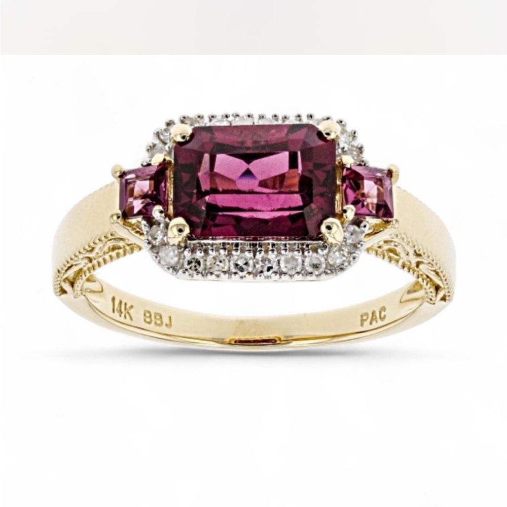 NEW 14k SOLID GOLD Rhodolite Garnet  White Diamond 14kt Yellow Gold Halo 14K